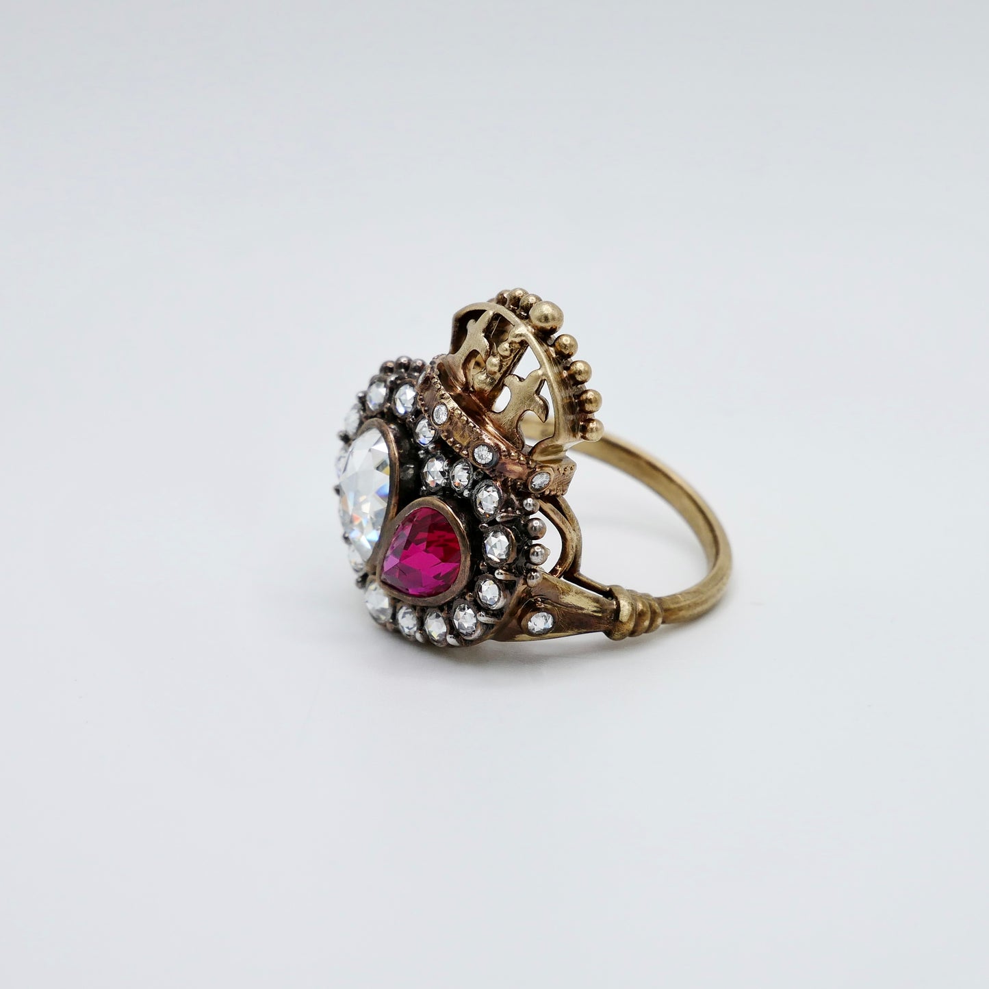 Georgian Crowned Twin Heart Ring with Rose Cut Lab Ruby and Moissanite, view 4