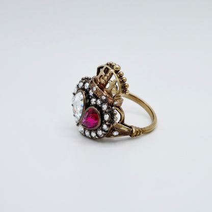 Georgian Crowned Twin Heart Ring with Rose Cut Lab Ruby and Moissanite, view 4