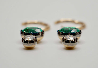 Oval Emerald and Round Moissanite Georgian Victorian Gold Hoop Earrings, view 3