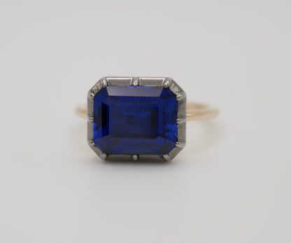 Georgian Victorian Emerald Cut Blue Sapphire Button Back Collet Ring, view 2