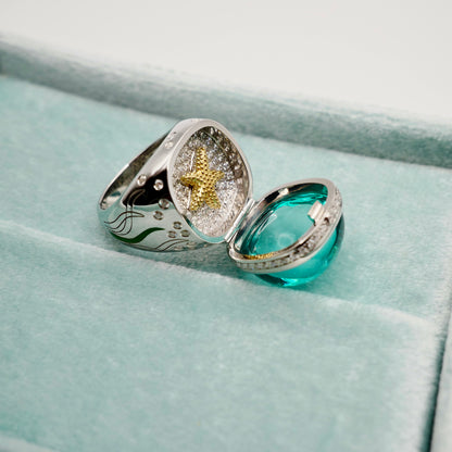 Aquamarine Cabochon Ring with Hidden Opening Starfish, view 6
