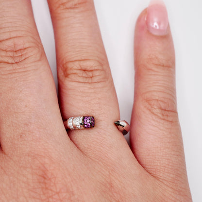 Platinum Pencil Ring With Baguette Moissanites and Pink Lab Rubies, view 9