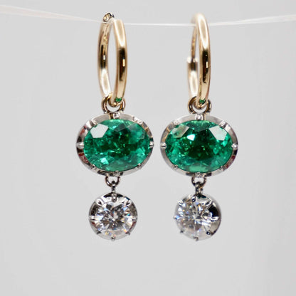 Oval Emerald and Round Moissanite Georgian Victorian Gold Hoop Earrings