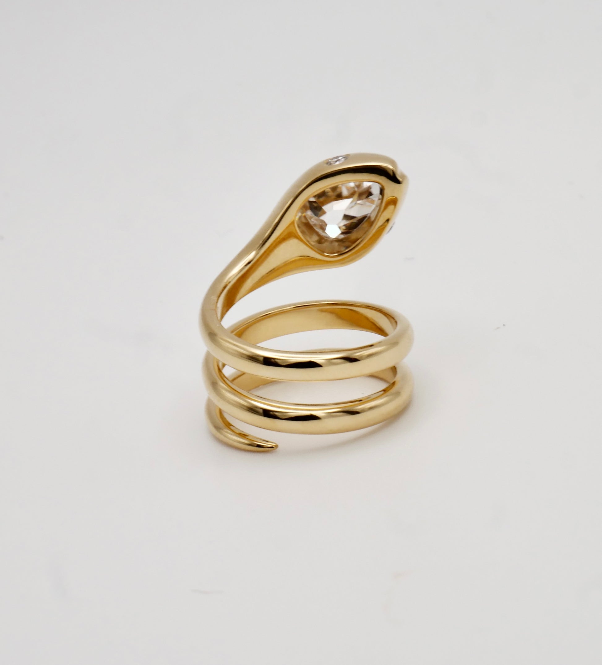 18K Yellow Gold Serpent Coil Ring with Old Mine Cut Pear Shaped Moissanite | by Disco Marshmallow | Arielle Ratner style | Tania Sarin jewelry | serpent ring | sculptural jewelry