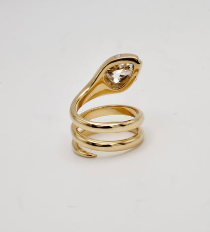 Serpent Coil Ring with Old Mine Cut Pear Shaped Moissanite, 18K Gold, view 4