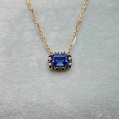 Lab Sapphire Gold Trombone Chain Necklace, 18K Gold, view 5