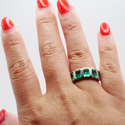 Half Eternity Lab Grown Emerald Cut Emerald Ring in Platinum Bezel Setting, view 3