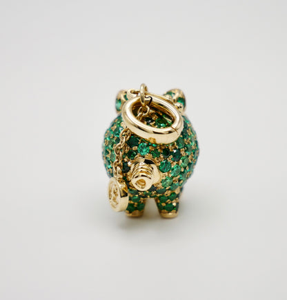 Baby Piggy Bank Charm Pendant with Lab Grown Emeralds, 9K Gold, view 3