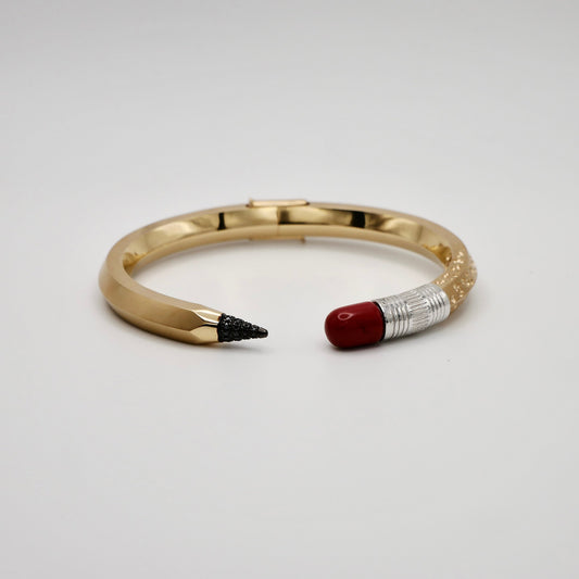 14K or 18K Solid Gold Bitten Pencil Bracelet Bangle with Moissanite and Jasper