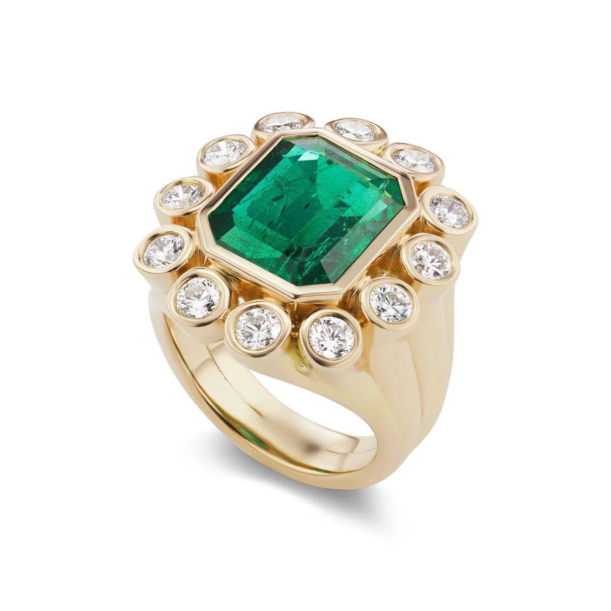 Emerald Lab Diamond Cluster Ring in 18K Yellow Gold | Bezel Set Engagement Ring | Victorian Style | Jessica McCormack style | Fred Leighton inspired | Zendaya engagement ring style | Zoe Kravitz jewelry | Georgian Victorian antique inspired jewelry | by Disco Marshmallow | Brent Neale style | cluster ring | two stone ring