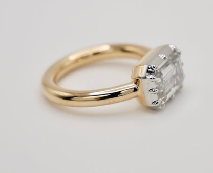 Georgian Victorian Moissanite Platinum and Gold Elongated East West Button Back Collet Ring, view 2
