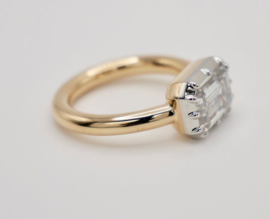 Georgian Victorian Moissanite Platinum and Gold Elongated East West Button Back Collet Ring, view 2