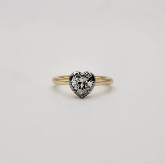 0.7 (6 mm) Carat Georgian Victorian Heart Shaped Moissanite and Blackened Gold Collet Button Back Ring