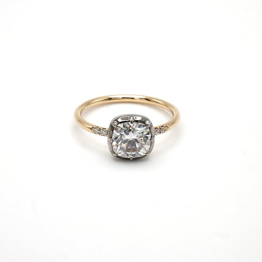 2 Carat Cushion Cut Georgian Victorian Moissanite Ring in 14K Blackened White Gold and Yellow Gold Button Setting