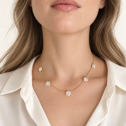 Lab diamond flower station necklace in solid 18K gold with a lobster clasp, made to order
