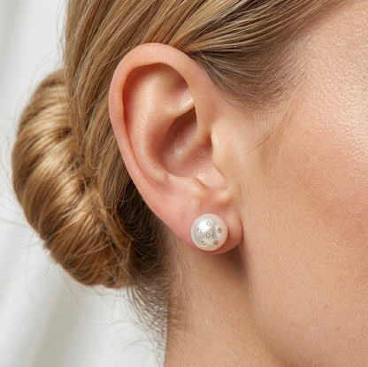 Freshwater Pearl Stud Earrings with Embedded Lab Diamonds in 14K or 18K Gold, view 3