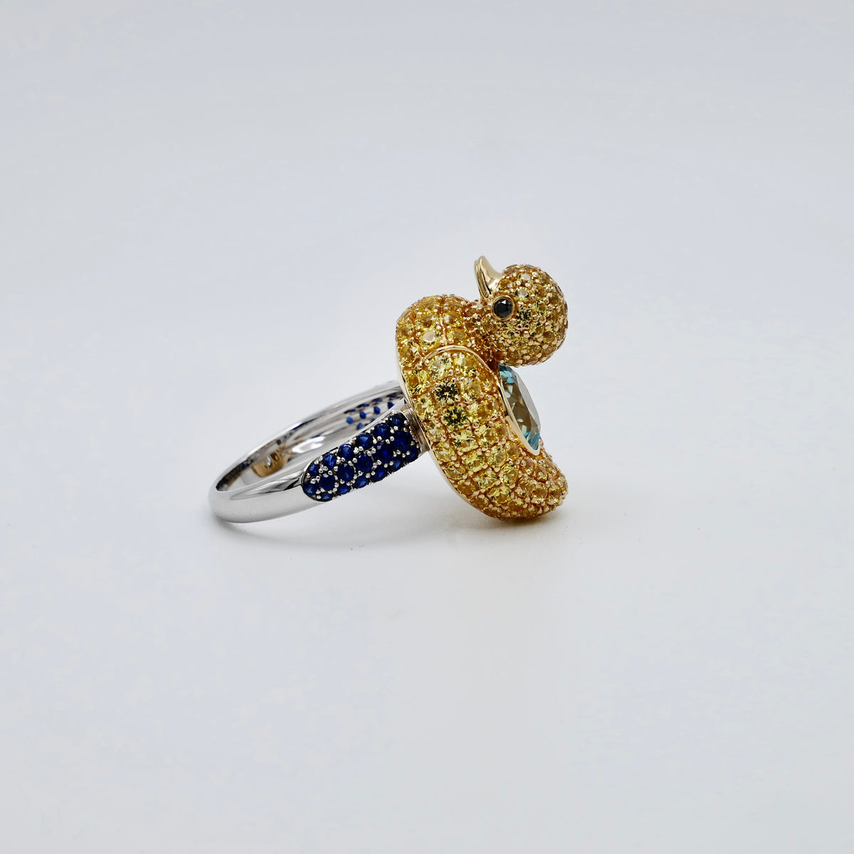 Aquamarine with Blue Sapphires Duckie Ring, 18K Gold