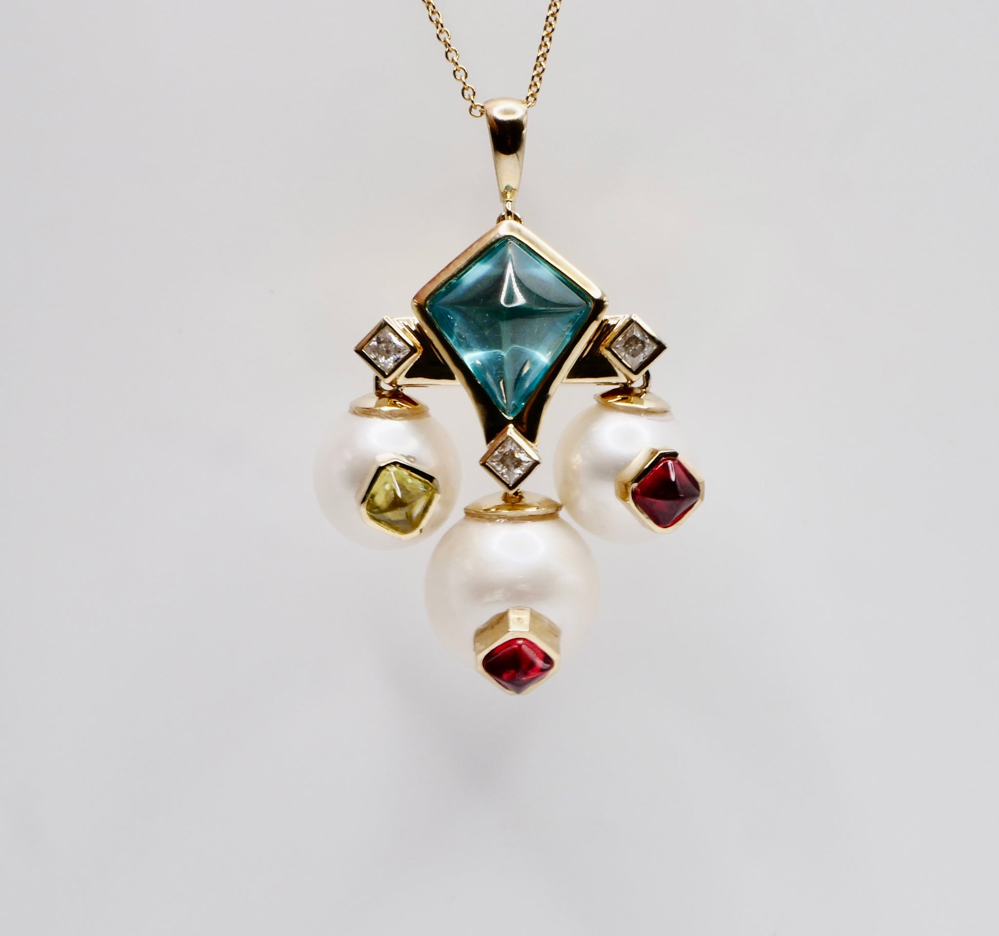 Art Deco Geometric Pearl and Multi-Gemstone Cabochon, 9K Yellow Gold Statement Pendant | by Disco Marshmallow