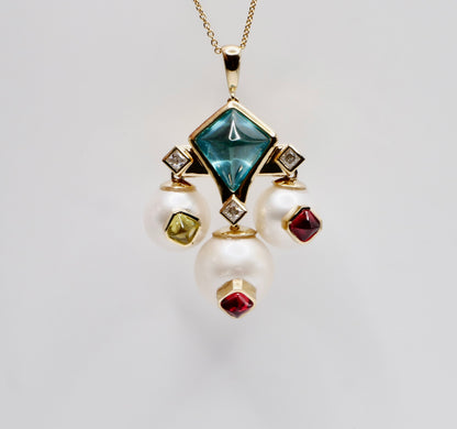 Art Deco Geometric Pearl and Multi-Gemstone Cabochon, 9K Gold, view 5