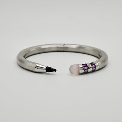 Pencil Bangle with Moissanite and Pink Nephrite, 18K Gold Filled
