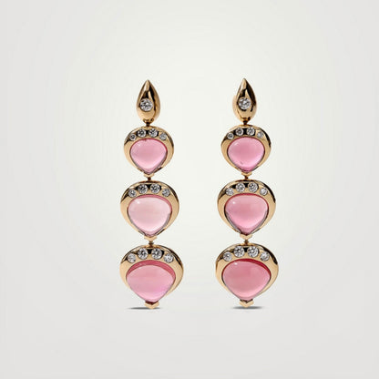 Pink Tourmaline Cabochon Pear Triple Drop Earrings