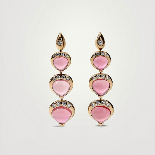 Pink Tourmaline Cabochon Pear Triple Drop Earrings | 18K Gold with Lab Diamonds | Statement Earrings | Cabochon Gemstone Jewelry | by Disco Marshmallow