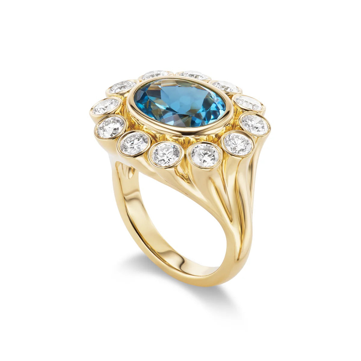 Blue Tourmaline Lab Diamond Cluster Ring in 18K Yellow Gold | Bezel Set Engagement Ring | Victorian Style | Jessica McCormack style | Fred Leighton inspired | Zendaya engagement ring style | Zoe Kravitz jewelry | Georgian Victorian antique inspired jewelry | by Disco Marshmallow | Brent Neale style | cluster ring | two stone ring