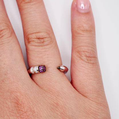 Platinum Pencil Ring With Baguette Moissanites and Pink Lab Rubies, view 8