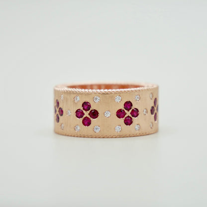 Silk Engraved Ring with Lab Rubies and Moissanites, 14K Gold