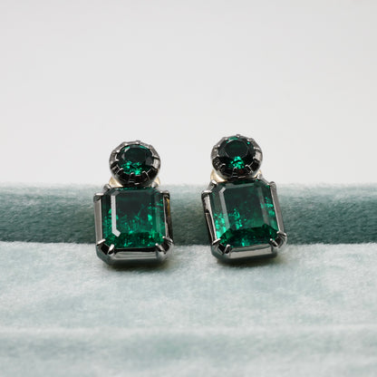 Georgian Collet Set Round and Emerald Cut Zambian Emerald Stud Earrings, view 4