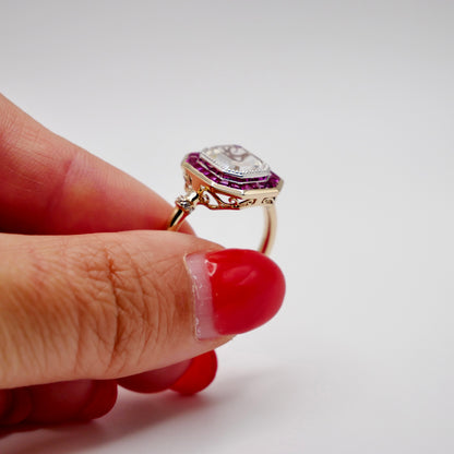Portrait Cut Moissanite or Diamond Art Deco Ring with Caliber Cut Lab Grown Rubies, 14K Yellow Gold, view 9