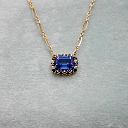 Lab Sapphire Gold Trombone Chain Necklace, 18K Gold, view 6