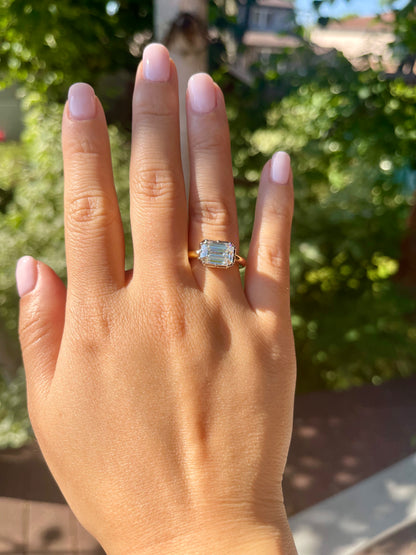Georgian Victorian Moissanite Platinum and Gold Elongated East West Button Back Collet Ring, view 8