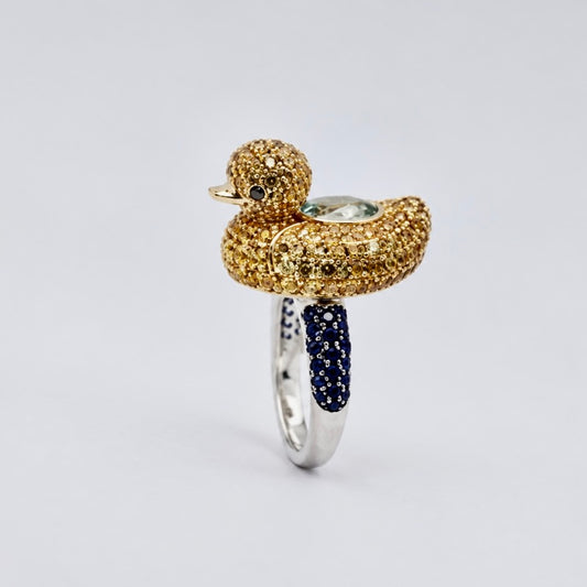 Aquamarine with Blue Sapphires Duckie Ring, 18K Gold