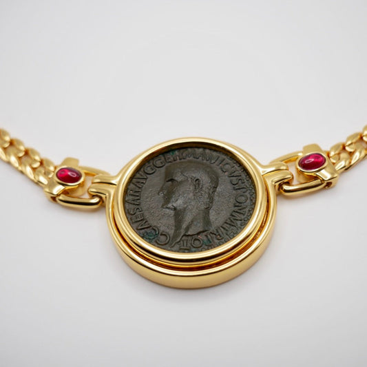 Ancient Roman Silver Coin Statement Necklace in 18K Gold Filled with Lab Grown Cabochon Rubies and Moissanite