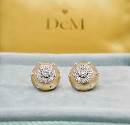 Round Engraved Gold Button Silk Diamond Earrings, 18K Gold, view 6
