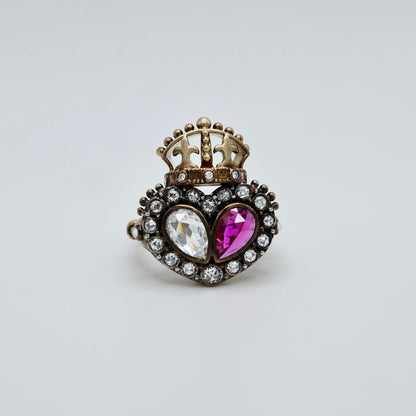 Georgian Crowned Twin Heart Ring with Rose Cut Lab Ruby and Moissanite in 9K Gold