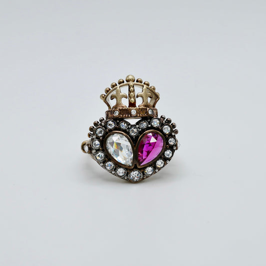 Georgian Crowned Twin Heart Ring with Rose Cut Lab Ruby and Moissanite in 9K Gold