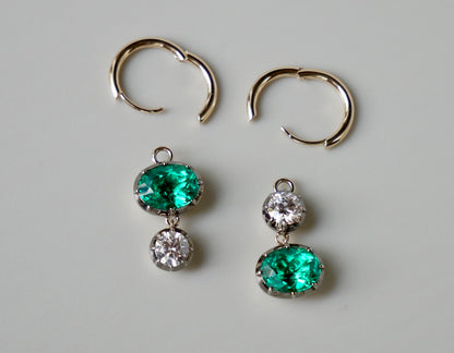 Oval Emerald and Round Moissanite Georgian Victorian Mismatched or Gold Hoop Earrings, view 6