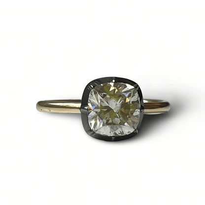 Cushion Cut Georgian Victorian Moissanite Ring and Gold Button Setting, 14K White Gold