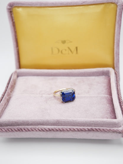 Georgian Victorian Emerald Cut Blue Sapphire Button Back Collet Ring, view 7