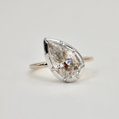 Georgian Victorian Tilted Pear Ring, Lab Diamond or Moissanite, 14K Gold