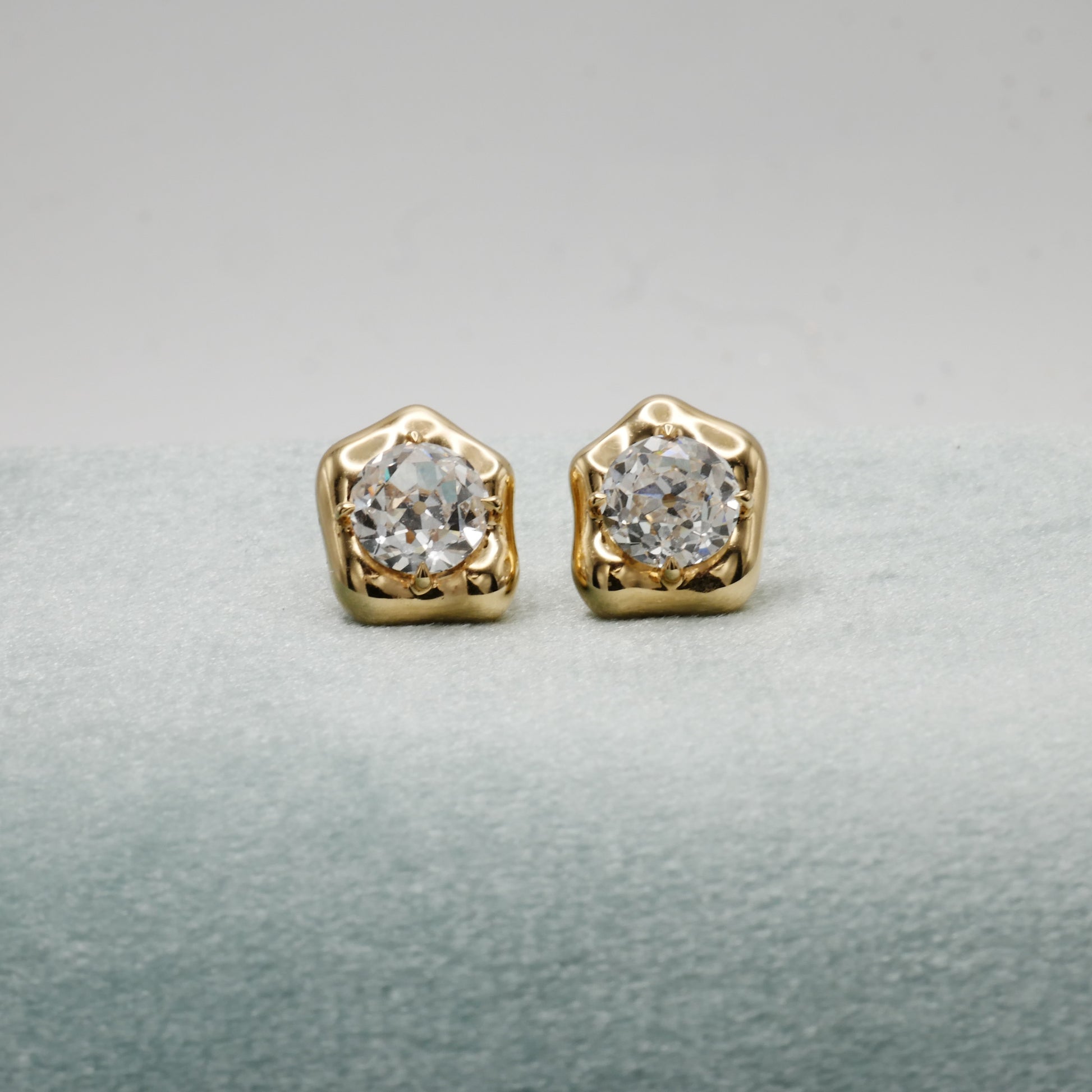 Lab Diamond Stud Earrings 18K Gold | Old European Cut 1.5ct Each | Modern Diamond Earrings | Unique Setting | by Disco Marshmallow