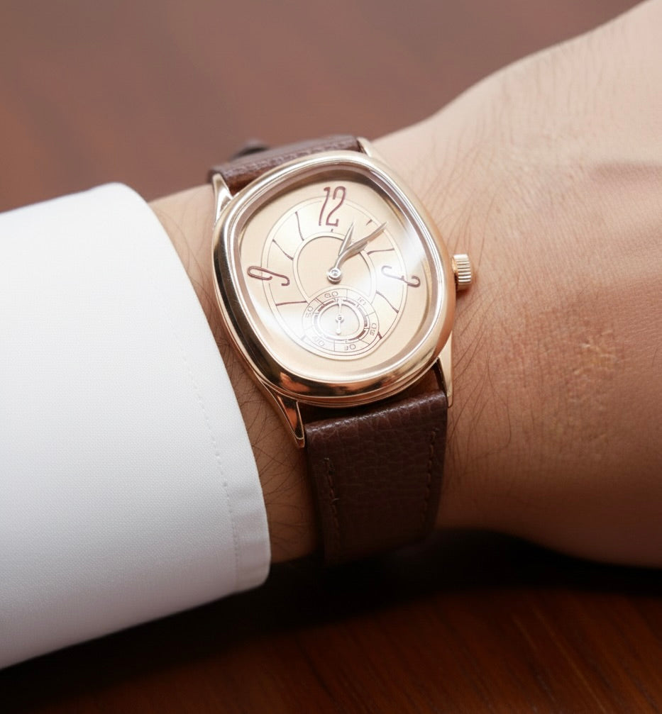 Men's Rose Gold and Brown Leather Strap Barrel Vintage Inspired Watch | by Disco Marshmallow