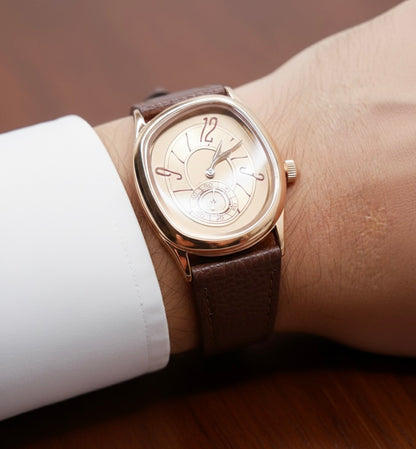 Men's Gold and Brown Leather Strap Barrel Vintage Inspired Watch, view 5