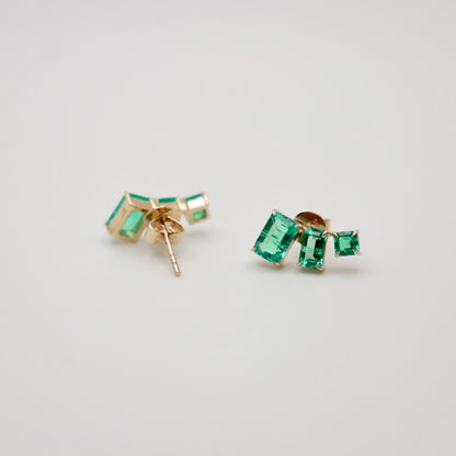 Emerald-Cut Lab Emerald Climber Earrings, 14K Gold, view 3