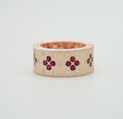 Silk Engraved Ring with Lab Rubies and Moissanites, 14K Gold, view 2