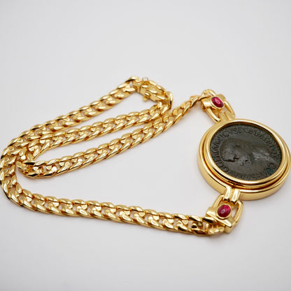 Ancient Roman Silver Coin Statement Necklace with Lab Grown Cabochon Rubies and Moissanite, view 4