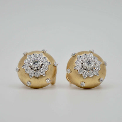 Round Engraved Gold Button Silk Diamond Earrings, 18K Gold