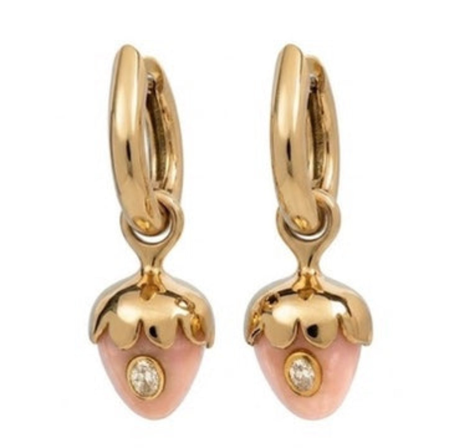 Strawberry Huggie Hoop Earrings with Carved Pink Opal and Lab Diamonds in 14K or 18K Gold
